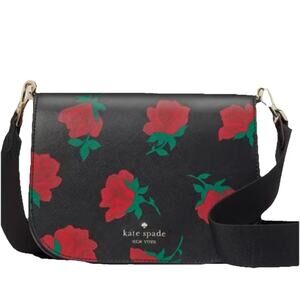 Kate Spade Madison Rose Toss Print Saddle Bag Crossbody Black Red Floral Bag NWT